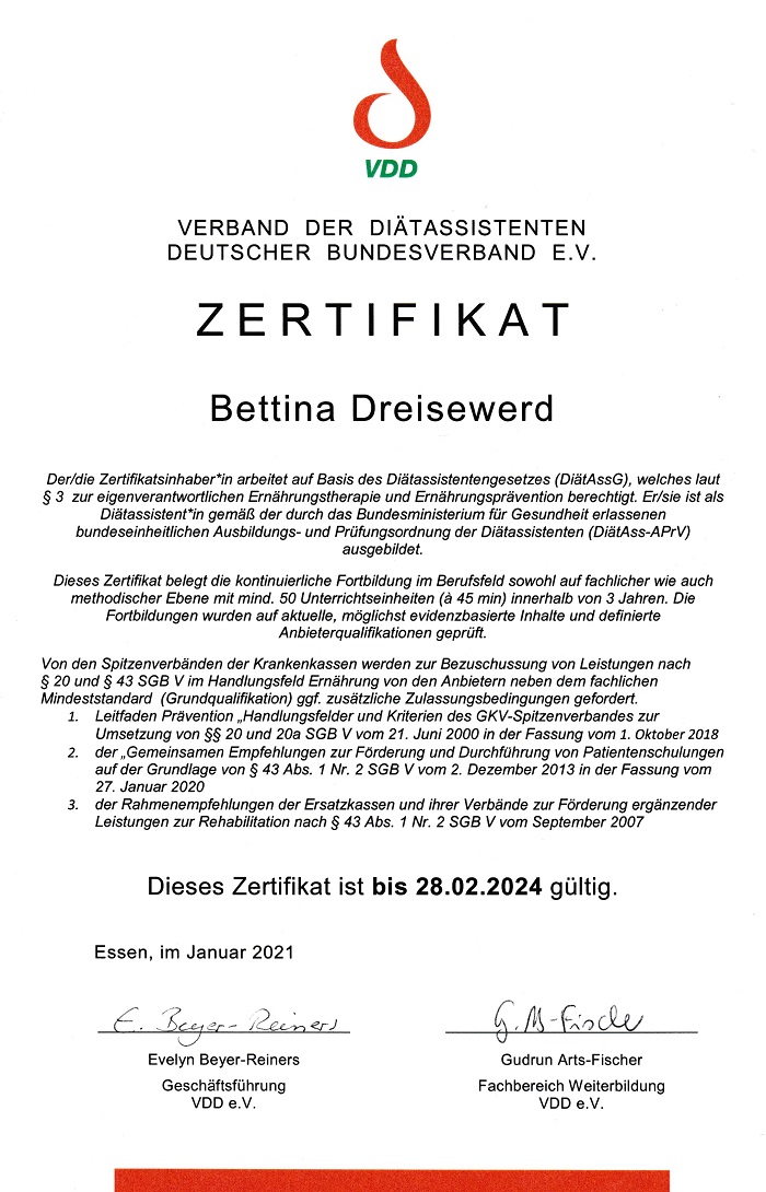 Zertifikat VDD bis 2024